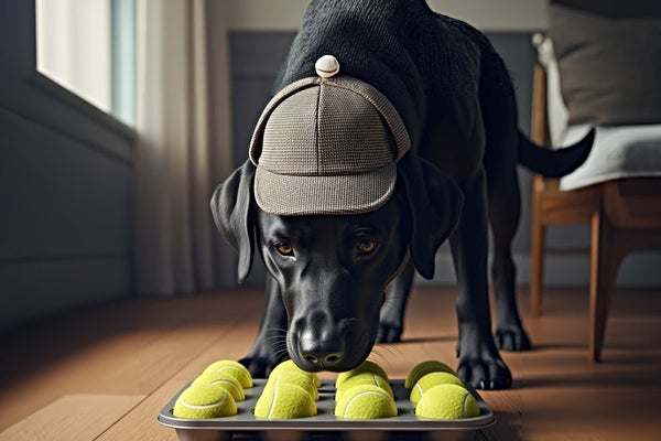 Dog sniffing tennis balls