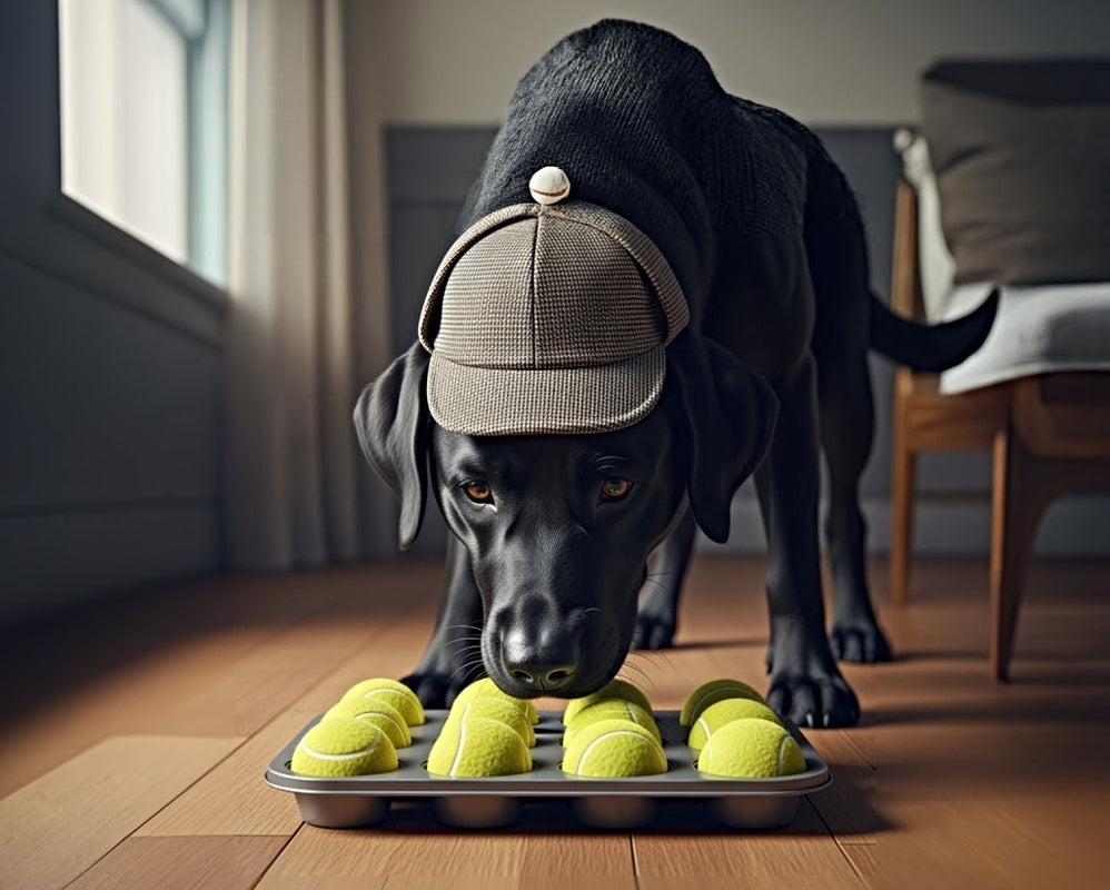 Dog sniffing tennis balls