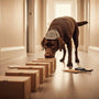 Chocolate labrador sniffing boxes