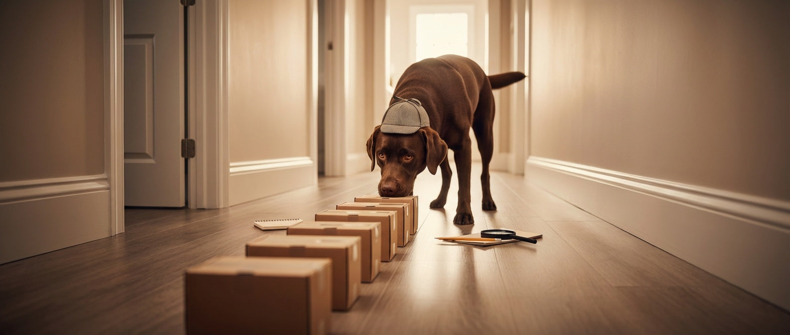 Chocolate labrador sniffing boxes