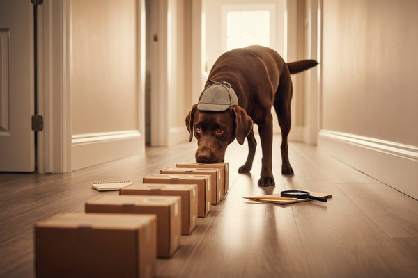 Chocolate labrador sniffing boxes