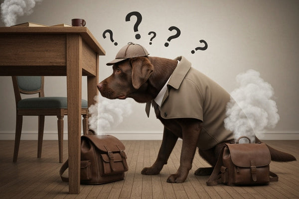 Dog is sniffing a bag