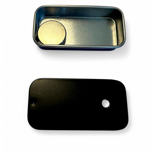 Scentwork tin showing magnet inside