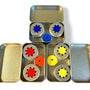 three tins in blue, red and yellow