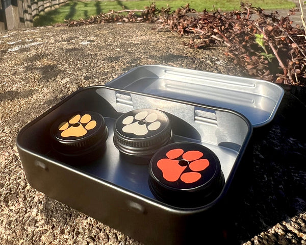 A black metal tin with the lid open, holding three small round black containers with paw-print designs in orange, beige, and red. The tin is placed outdoors on a stone surface with a fence and grass in the background.